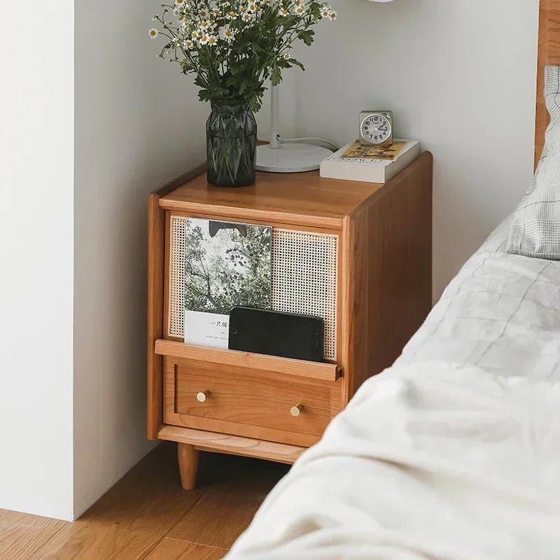 Solid Wood Nightstand 2 Drawers - Rattan Nightstands with Charging Station and