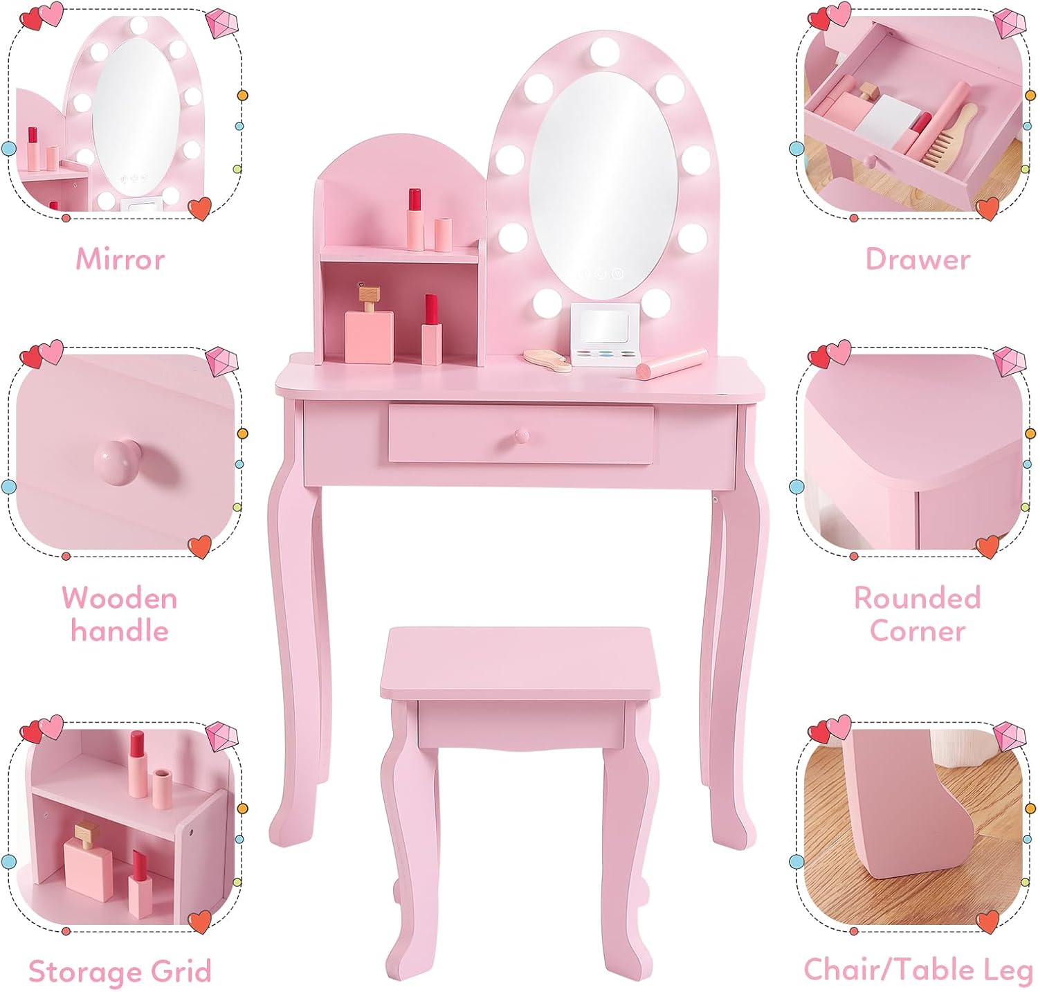 Princess Style Kids Vanity Set - Dressing Table Vanity With Lighted Mirror ulasan dan harga
