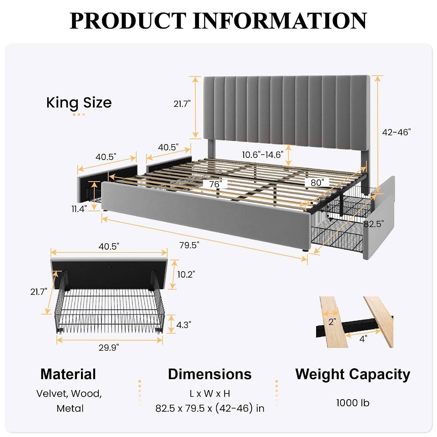 King Size Platform Bed Frame w - King Size Bed Frame With Storage Drawers ulasan dan harga