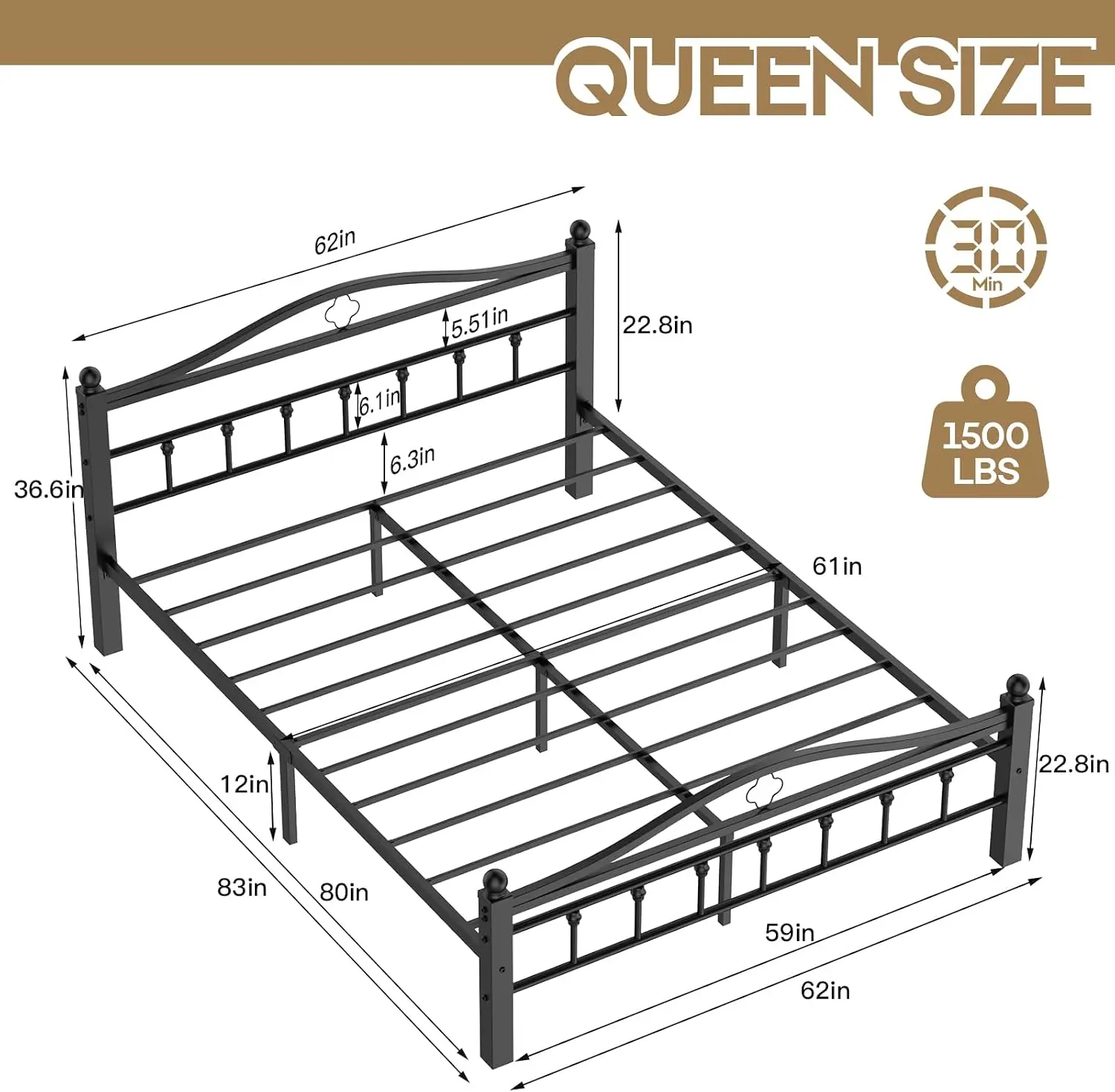 Queen Metal Bed Frame with Hea - Canopy Bed Frame Metal Queen ulasan dan harga