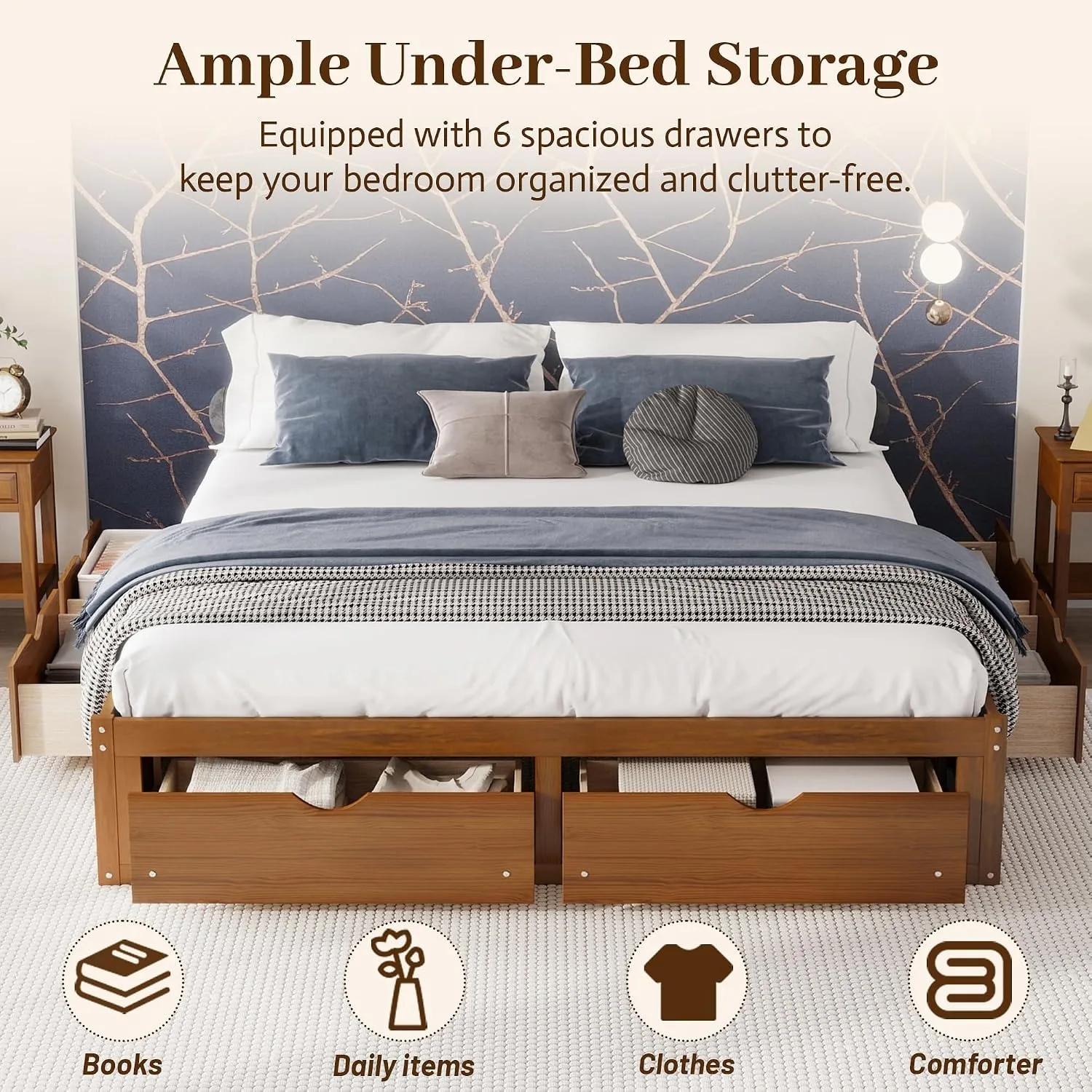 Minimalist Pine Wood Platform  - King Size Bed Frame With Storage Drawers ulasan dan harga