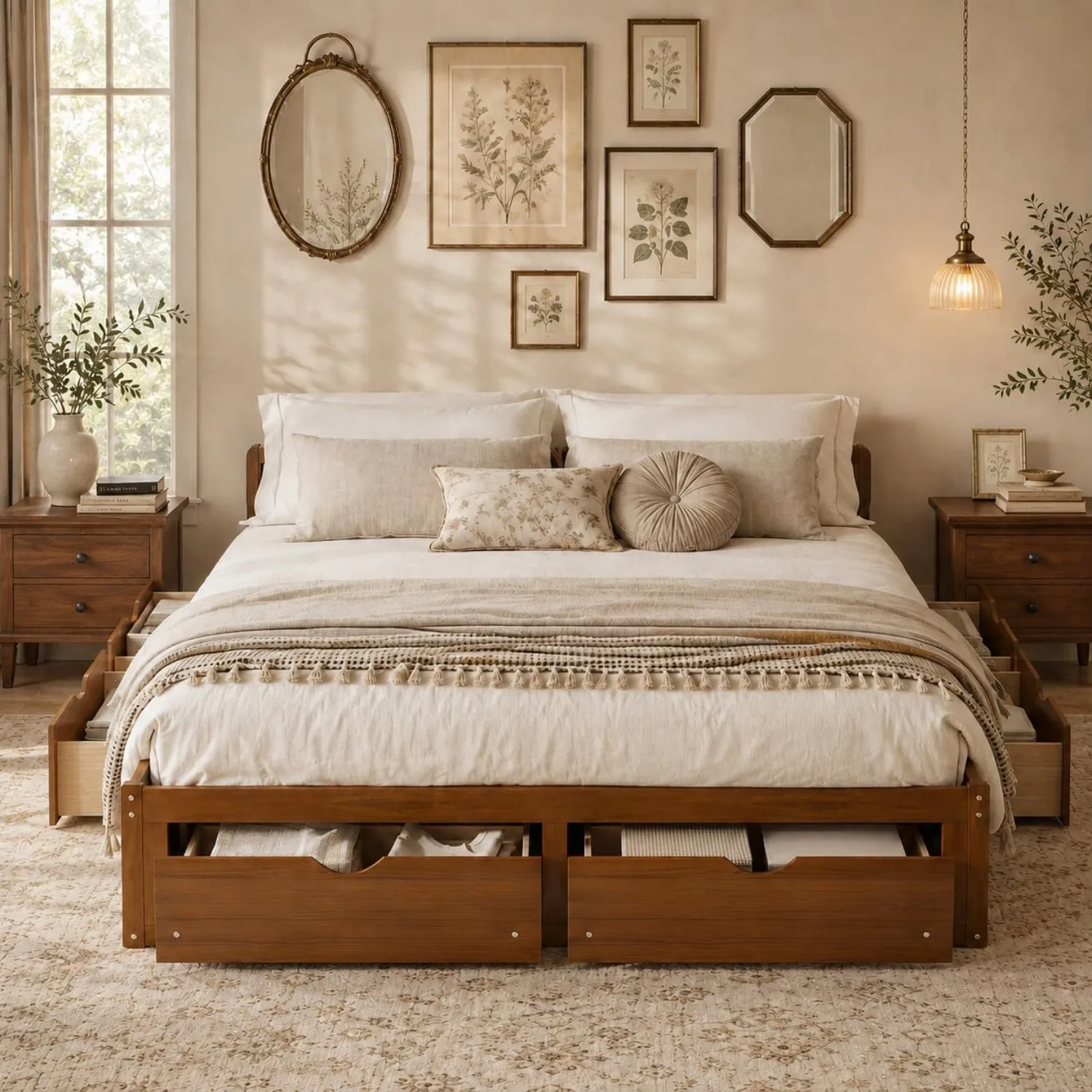 Minimalist Pine Wood Platform  - King Size Bed Frame With Storage Drawers ulasan dan harga