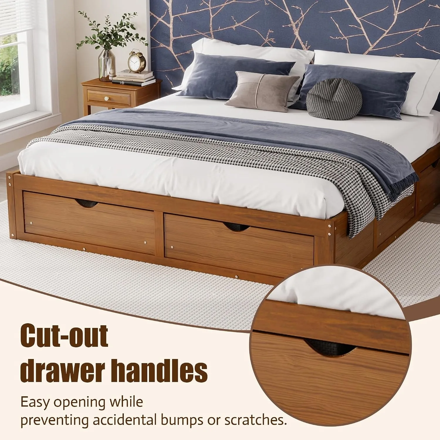 Minimalist Pine Wood Platform  - King Size Bed Frame With Storage Drawers ulasan dan harga