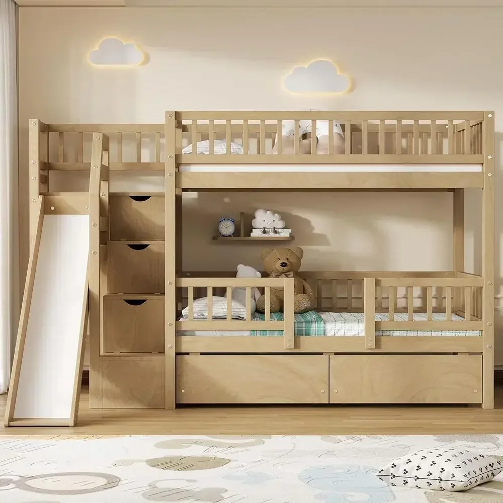 Twin Over Twin Wooden Bunk Bed - Bunk Bed With Stairs And Slide ulasan dan harga