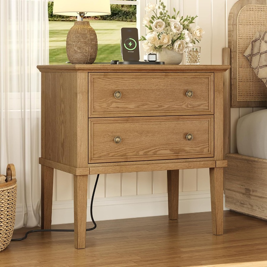 Solid Wood Nightstand with Cha - Solid Wood Nightstand 2 Drawers ulasan dan harga