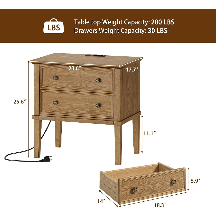 Solid Wood Nightstand with Cha - Solid Wood Nightstand 2 Drawers ulasan dan harga