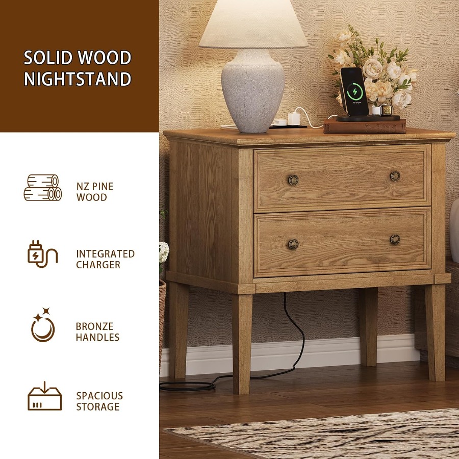 Solid Wood Nightstand with Cha - Solid Wood Nightstand 2 Drawers ulasan dan harga