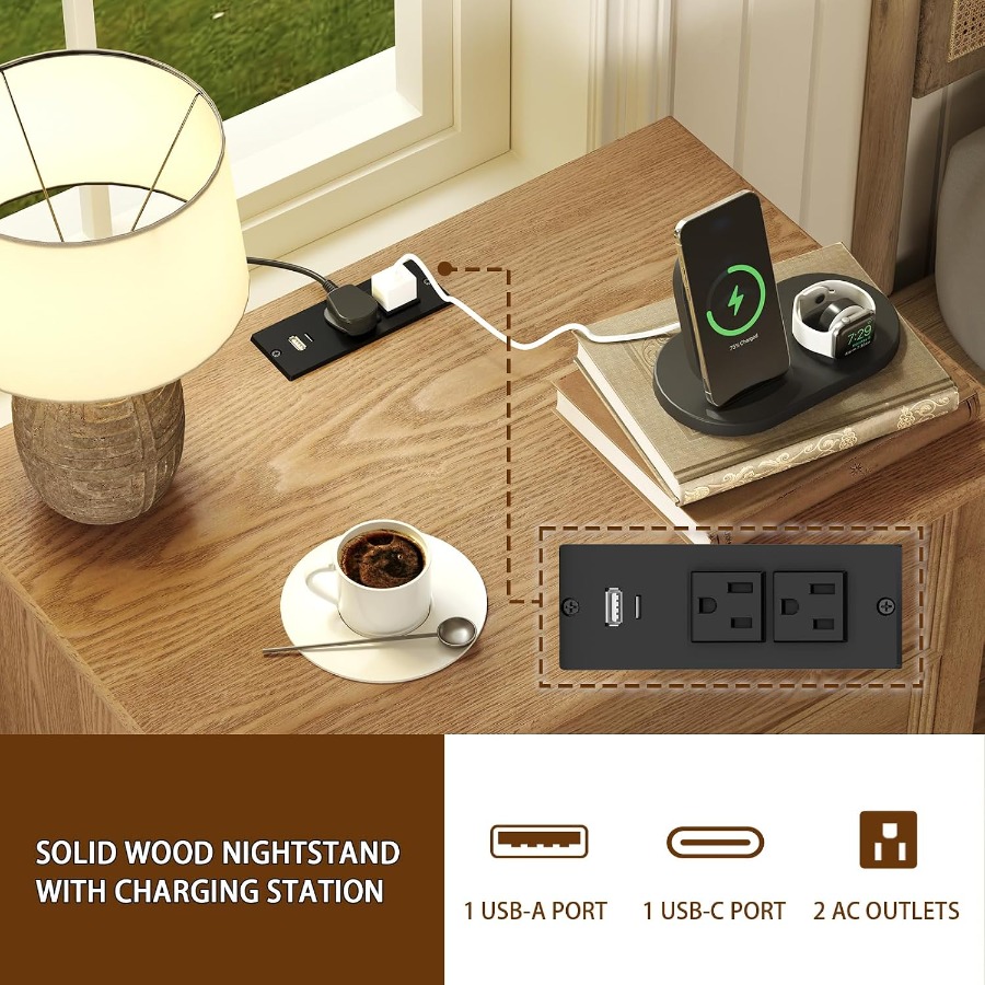 Solid Wood Nightstand with Cha - Solid Wood Nightstand 2 Drawers ulasan dan harga